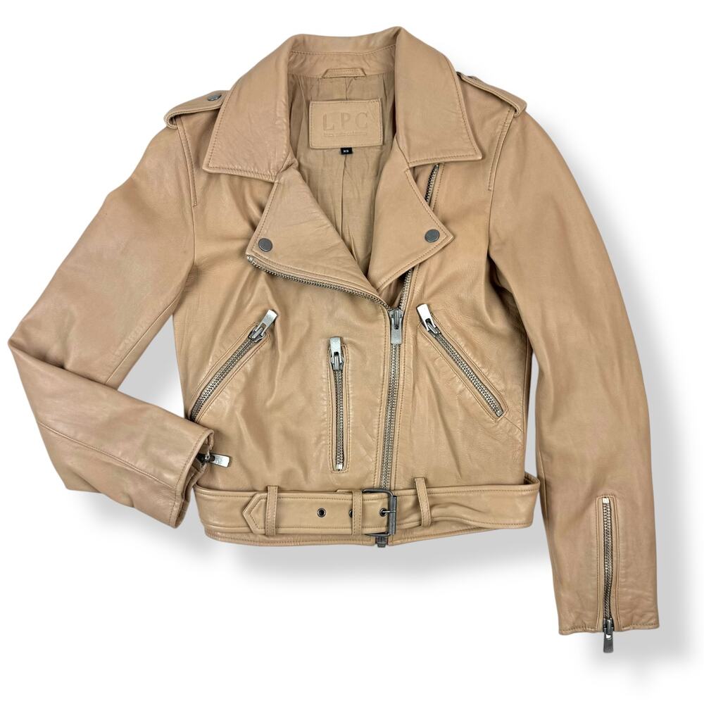L.P.C Linea Pelle Collection tan lamb leather motorcycle jacket fitted - Picture 3 of 16
